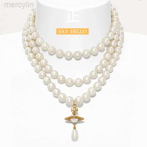 Designer Viviene Westwoods Empress Dowagers Three Layer Water Drop Pearl Necklace Saturn Ufo Collar CHARUND CYPATILE LIGHT Luxury Neckchain Jewelry