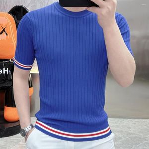 Men's T Shirts 2023Tee Shirt Homme Personalized Solid Color Knitting Slim Elastic Ice Silk Short Sleeve T-shirt Round Neck Sweater Men