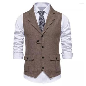 Gilet da uomo Gilet da abito Western a spina di pesce Smoking Tweed Gilet in misto lana Gilet marrone slim fit con 2 tasche con patta