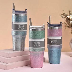 Mugs Tumbler Edelstahl-Wasserflasche mit Strohhalm Home Cute Thermos-Vakuumflasche Kaffeebecher-Deckel 900 ml Thermobecher für Auto 231113