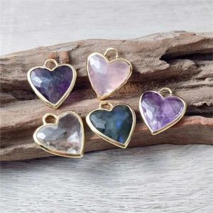 Pendant Necklaces FUWO Natural Semi-Precious Stone Golden Plated Heart-Shaped Crystal Accessories For Women Jewelry Making PD471 5Pcs/Lot