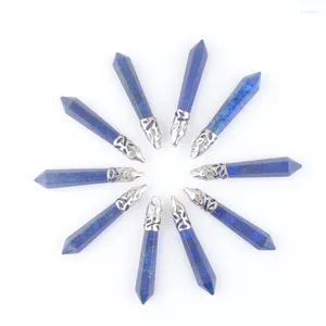 Pendant Necklaces Natural Stone Lapis Lazuli Pendants Hexagonal Pillar Pointed Reiki Chakra Charms Jewelry Wholesale 10Pcs TN3825