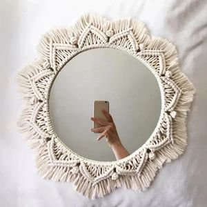 Tapisserier Boho Macrame Round Mirror Decorative Mirrors Eesthetic Room Decor Hanging Wall Mirror For Bedroom Living Room House Decoration 231109