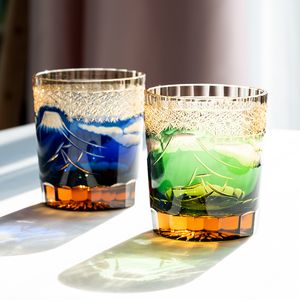 Tumblers Japanese Mount Fuji Whisky Glass Handgravering Crystal Whisky Cup Mountain Vintage Old Fashioned Tumbler Spirits Vinglas 230413