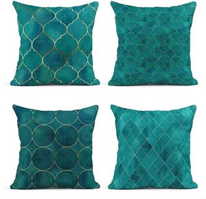 Pillow Vintage Moroccan Gold Line Watercolor Bright Teal Watercolour Geometrical Oriental Decor Linen Cases Home Decorative