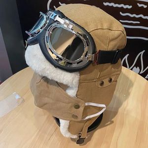 Cycling Caps Masks Winter Plush Earflap Bomber Hat Face Mask Goggles Ski Riding Biking Snow Thicken Warm Cotton Cap Glasses Women Windproof 231108