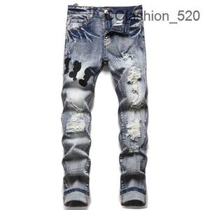 Lila jeans för män designer jeans mode stretch tröjor lyxiga mager byxor casual stjärnor mönster överdimensionerade rippade byxor mode streetwear ks16