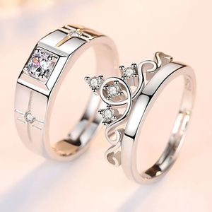 Band Rings Luxury AAA Zircon Couple Paired For Women Men Flower Crown Proposal Promise Adjustable Wedding Anniversary Jewelry 231110