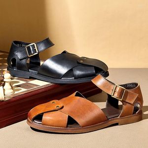 Sandals Luxury Men's Summer Simple Hollow Out Trendy High-end Full Grain Leather Rome Beach Shoes Young Male