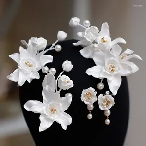 Hair Clips Pearl Head Piece White Flower Floral Hairpins For Brides Women Pins Earrings Set Wedding Accessories Bridal Jewelry