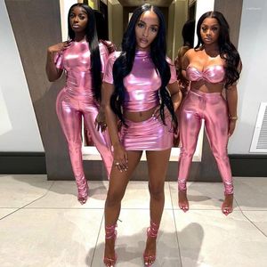 Work Dresses Metallic Bodycon Skirts And Short Sleeve Crop Top Sets For Women Clubwear Sexy High Rise Shiny Glitter Cocktail Suit