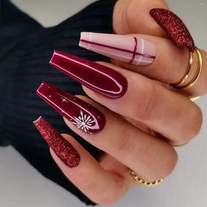 Falsche Nägel Weihnachten Fake Glitter Fashion Red Nail Art für Mädchen Schneeflocke funkelnde künstliche Acryl-Kits