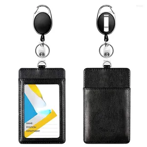 Card Holders Women Men Black Wallet Retractable Key Chain Lanyard For Keys ID PU Leather Bus Pass Case Cover Badge Holder