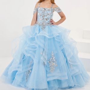 Sky Blue Lace Applique Champagne Ruffle Tulle Pageant Dress for Girls