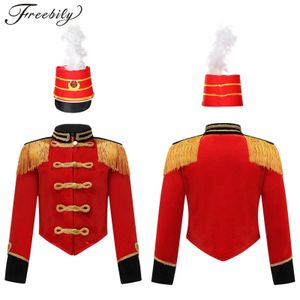 Coat Kids Boys Girls Jacket with Hat Soldier Drum Team Team Team Team Costume Long Sweve Showman Tassel Jacket Halloween Circus Cosplay 231110