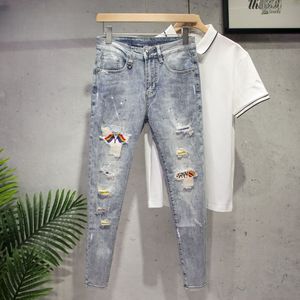 Designer new men's jeans ripped light blue dark grey brand men's trousers Trousers Street jeans tight slim denim top quality letter pattern