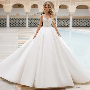 Gelinlik saten etek basit abito da sposa kristal boncuk bel moda vestidos de noiva aplikler korse hochzeitskleid