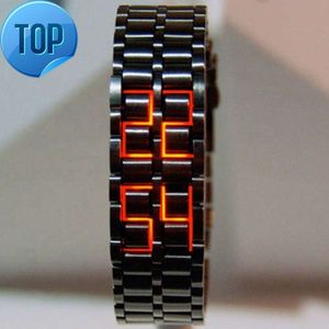 Modische schwarze Vollmetall-Digital-Lava-Armbanduhr für Herren, rot/blau, LED-Anzeige, Uhren, Geschenke für Jungen, Sport