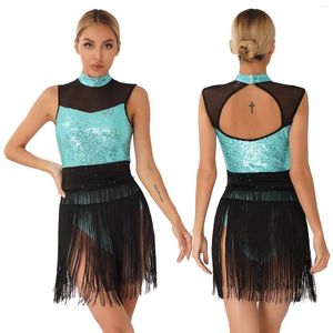 Stage Wear Women Lyrical Dance Dress Glittery Sequin Sheer Mesh Tassel Leotard Dresses Dancewear For Ballroom Latin Cha-cha Rumba Samba