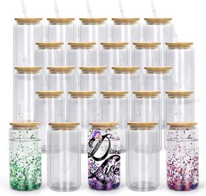 Double wall glass tumbler 16 OZ sublimation glass et with bamboo lid and straw pre-drilled borosilicate glass beer can snowball glitter 1113