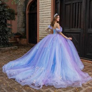 Lavanta prenses quinceanera elbise aplikes dantel boncuklar kristal doğum günü balo tatlı 16 elbisesi vestidos de 15 anos korse