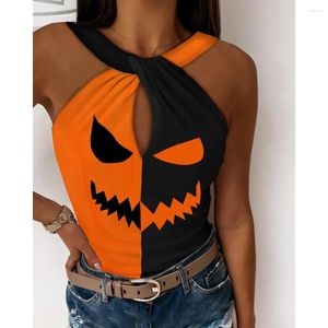 T-shirt da donna 2023 T-shirt da donna Halloween Graphic Print Colorblock Tank Halter Top Estate Streetwear T-shirt casual Hollow Out Lounge Womens