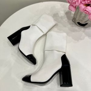 가죽 스트레치 니트 무릎 부츠 하이힐 양말 같은 커프 부츠 여성 슬립 온 chunky Heels 고급 디자이너 패션 이브닝 파티 신발 공장 신발 크기 35-41