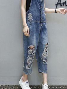 Kvinnors jeans casual denim jumpsuits kvinnor sommar kvinnlig hål stil lös jean överaller damer baggy wide ben rompers woman byxor g95