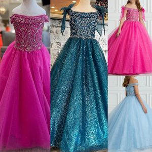 Hunter Pageant Dress for Little Girl 2024 Bow Sparkle Glitter Baby Kid Birthday Holiday Fun-Fashion Runway Formell Cocktail Party Gown Toddler Teens Sky-Blue Fuchsia