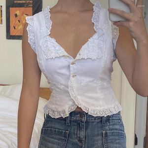 Women's Tanks Floral White Button Up Crop Top French Style Chic Women Coquette Tank Tops Summer Sleeveless Slim Fit Vest Y2K Fairycore