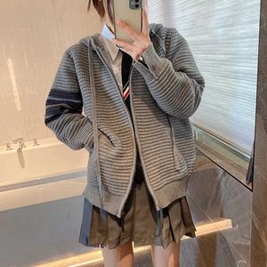 TB Women S Sweaters New Checked Cotton Wool Zippered Cardigan Sports Casual Hooded Sweater Men Tom Knitted Coat