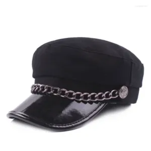 BERETS PU LEATHER MIRITIOL HAT WINTER SAILOR HATS FOR WOMEN BOYS BOABELL CAP BLACK GRAYフラットトップトップベレーSBOY