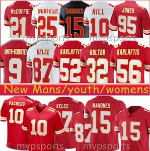 Patrick Mahomes Jerseys de futebol Travis Kelce Nick Bolton Isiah Pacheco Red Mulheres jovens crianças pretas brancas costuradas