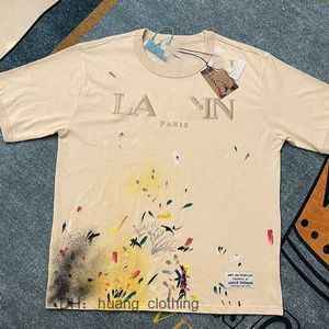 Mäns SS23 Designer Lanvins T Shirt Shorts Fashion and Women's Beige Speckle Alphabet Print Trendy Trend Casual Loose Half Sleeve White Emnm