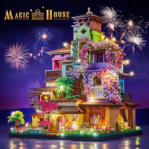 Diecast-Modell 7080PCS Magic Castle Sakura Haus Bausteine City Street View Villa mit LED-Leuchten Mini Ziegel Spielzeug Weihnachtsgeschenke 231110