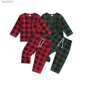 Kläderuppsättningar Spädbarn Baby Spring Autumn Clothing Set For Boys Girls Outfits Xmas Plaid Print Långärmad knapptröjor Elastiska midjabyxor