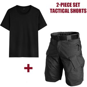 Shorts masculinos de verão masculino externo terno de camisa shorts 2 peças Conjunto de shorts táticos clássicos calças de camuflagem à prova d'água