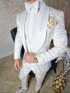 Herrdräkter skräddarsydda män vita mönster brudgummen tuxedos sjal lapel brudgummen 3 stycken bröllop (jacka byxor väst slips) d296