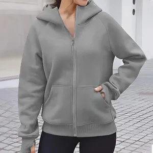 Hoodies femininos com capuz terno zíper moletom clássico esporte feminino bolsos oversize agasalho quente veludo para