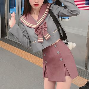 Two Piece Dress Sweet Girly Japanese Academy Style Skirt Top Twopiece JSK Uniform Woman Sailor Collar Bow Tie Jacket Fairy Set 230413