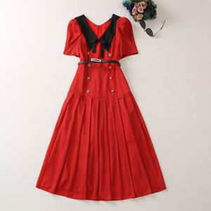 2023 Summer Red Hearts Print Belted Dress Short Sleeve V-Neck Panelled Midi Casual Dresses A3A101527