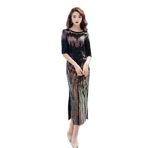 Robe De Soiree New Sexy Sequins Evening Dress O-neck Half Sleeves Maxi Dress Party Prom Dress