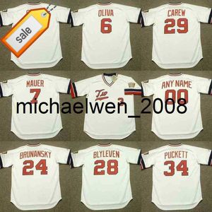 Mich28 Men 24 Tom Brunansky 34 Kirby Puckett 28 Bert Blyleven 29 Rod Carebas Baseball Jersey 1977