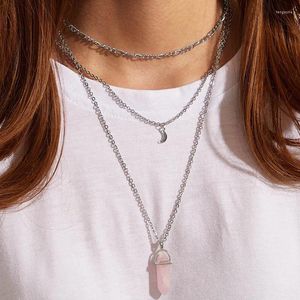 Collane con ciondolo Collana di luna in pietra rosa bohémien per donna Collare di gioielli regolabile in lega di metallo multistrato color argento 8908