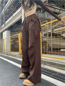 Women's Pants Capris HOUZHOU Vintage Brown Parachute Cargo Pants Korean Streetwear Y2k 90s Wide Leg Joggers Harajuku Hippie Trousers Female Techwear 230413