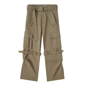 Pantaloni da uomo Tasca laterale con fascia sulla gamba Cargo Pantaloni casual da donna stile dritto Nero Verde