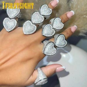 Pierścienie opaski lodowe Bling Big Heart Ring Gold Sier Kolor Rectangle CZ Micro Pave Cubic Zircon Finger Hip Hop Punk Men Men Jewelry 231113