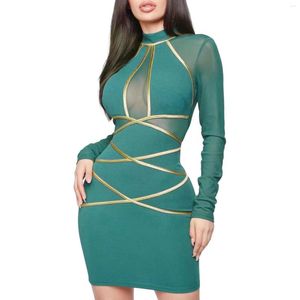 Casual Dresses 2023 Fashion Sexy Mesh Patchwork See-through Green Pencil Dress Women Long Sleeve Crew Neck Bodycon Mini For Club Party