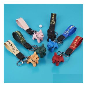 6 renk moda deri kordon anahtarlık sevimli fransız bldog hayvan köpek anahtarlık tutucu çanta cazibesi biblo aksesuarları down dağıtım dhunt