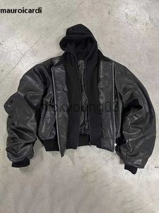 Herrjackor Mauroicardi Autumn Winter Overdimensionerad cool svart förtjockad varm pu läder bomber jacka män huva lyxdesigner falska 2 kläder j231113